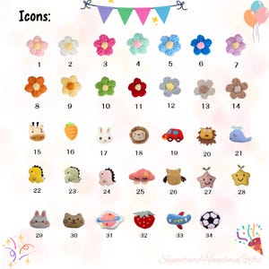 May include: A collection of handmade crochet icons, including flowers, animals, and objects like a car and airplane. The icons are in various colors and designs, perfect for crafting or embellishments.