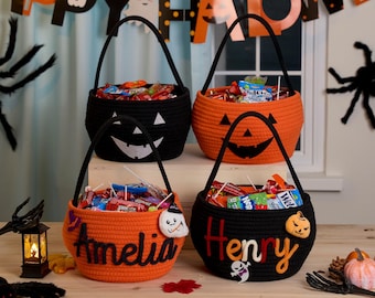 Gepersonaliseerde Halloween-mand | Trick or Treat-mand met aangepaste naam | Halloween-cadeaumand | Halloween-decor voor kinderen | Griezelige Halloween-mand