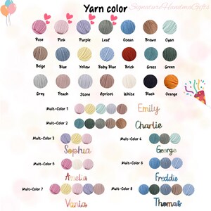 May include: A color chart of yarn options, including Rose, Pink, Purple, Leaf, Ocean, Brown, Cyan, Beige, Blue, Yellow, Baby Blue, Brick, Grass, Green, Grey, Peach, Stone, Apricot, White, Black, and Orange. Also shown are multi-color options and names.