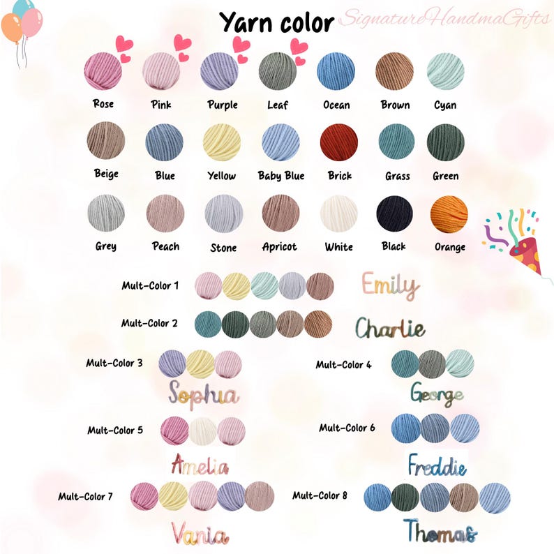 May include: A color chart of yarn options, including Rose, Pink, Purple, Leaf, Ocean, Brown, Cyan, Beige, Blue, Yellow, Baby Blue, Brick, Grass, Green, Grey, Peach, Stone, Apricot, White, Black, and Orange. Also shown are multi-color options and names.