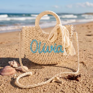 Borsa da spiaggia personalizzata, borsa a tracolla con nome personalizzato, borsa estiva personalizzata, borsa con monogramma, regalo per damigella d'onore, cestino di Pasqua per bambini immagine 3