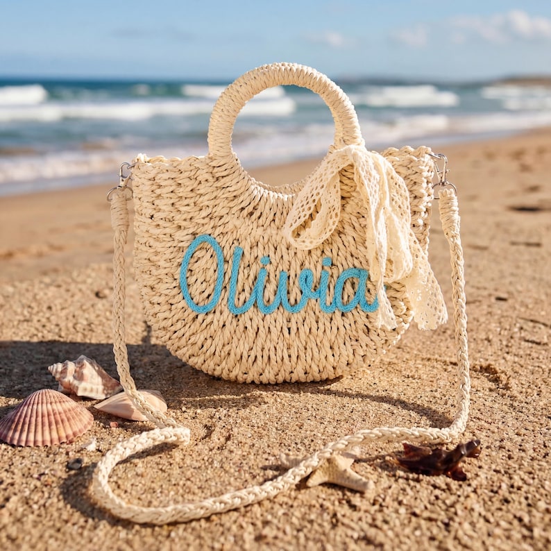 Borsa da spiaggia personalizzata, borsa a tracolla con nome personalizzato, borsa estiva personalizzata, borsa con monogramma, regalo per damigella d'onore, cestino di Pasqua per bambini immagine 3