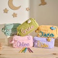 Personalised Corduroy Pencil Case – Custom Name School Bag for Kids | Back to School Gift | Embroidered Pouch with Cute Charms