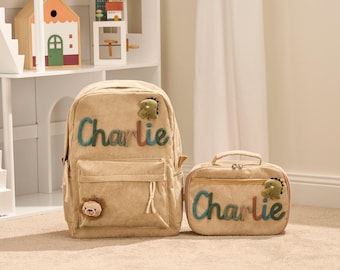 Gepersonaliseerde rugzak- en lunchboxset voor kinderen | Op maat geborduurde naamtas | Terug naar school-cadeau voor jongens en meisjes | Corduroy-set met naam