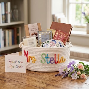 Personalized Teacher Gift Basket, Custom Name Cotton Rope Basket, Teacher Appreciation Gift, End of Year Thank You Gift, Desk Storage