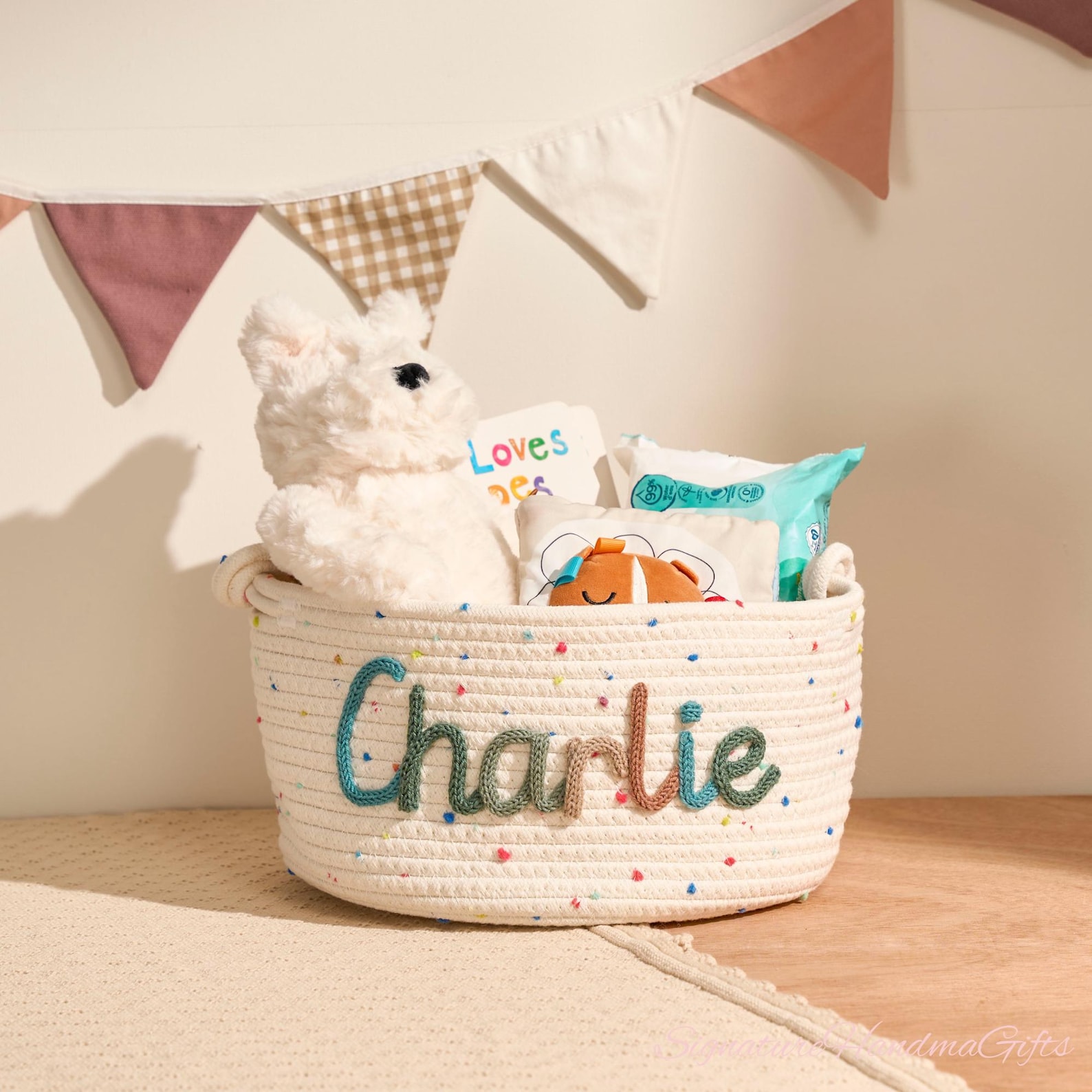 Personalized Polka Dot Rope Basket: Custom Name Nursery Organizer