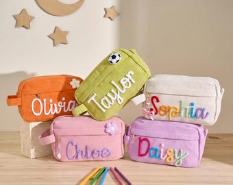 Personalised Corduroy Pencil Case – Custom Name School Bag for Kids | Back to School Gift | Embroidered Pouch with Cute Charms