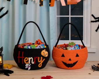 Gepersonaliseerde Halloween-mand | Trick or Treat-mand met aangepaste naam | Halloween-cadeaumand | Halloween-decor voor kinderen | Griezelige Halloween-mand