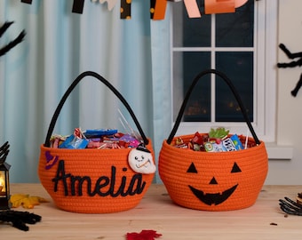 Gepersonaliseerde Halloween-mand | Trick or Treat-mand met aangepaste naam | Halloween-cadeaumand | Halloween-decor voor kinderen | Griezelige Halloween-mand