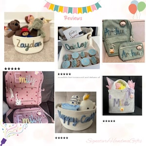 May include: A collection of personalized baby gifts, including backpacks, baskets, and a cosmetic bag. The items are in various colors, with names embroidered on them. Some baskets contain stuffed animals and baby items. The image also shows cookies and a baby shower card.