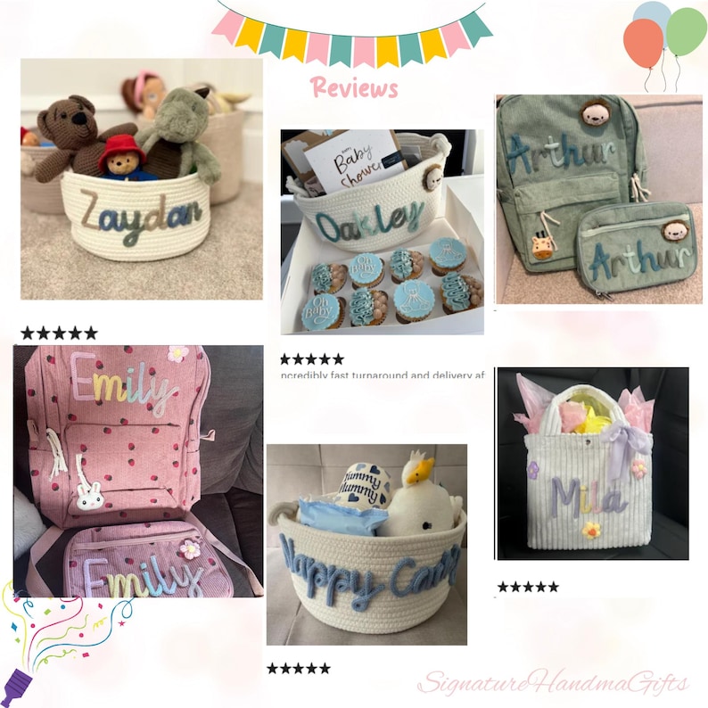 May include: A collection of personalized baby gifts, including backpacks, baskets, and a cosmetic bag. The items are in various colors, with names embroidered on them. Some baskets contain stuffed animals and baby items. The image also shows cookies and a baby shower card.