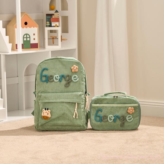 Personalized Backpack & Lunchbox Set | Corduroy Kids Backpack | Custom Name Embroidery | Back to School Gift for Boys and Girls