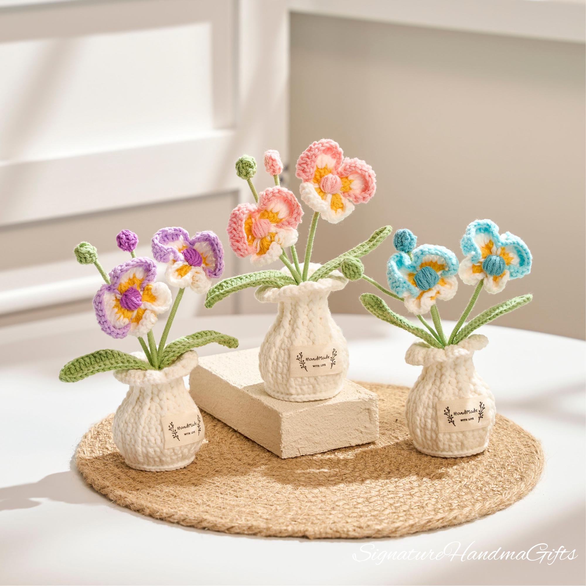 Handmade Crochet Flower Gift Set Mini Yarn Flowers in Vase or Pot