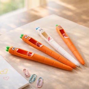 May include: Four novelty pens shaped like carrots, with orange bodies and green tops. One pen is white. The pens have cartoon faces and are on a wooden surface next to a notepad with drawings and paperclips.