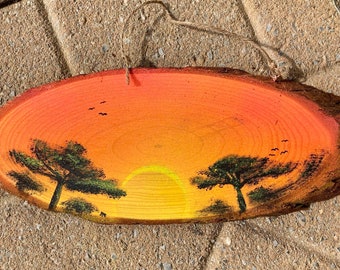 ORIGINAL handmade PAINTING on Natural wood slice One-of-a-kind artwork AFRICAN Serengeti Sunrise Africa Wilderness Jungle Animals