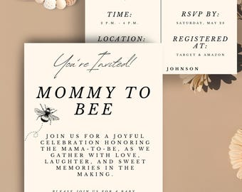 Bewerkbare babyshoweruitnodiging honingbij | Mommy to Bee douche nodigt neutrale Fine Line Art moderne afdrukbare sjabloon uit | Babyshower bijen