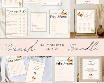 May include: A selection of peach-themed baby shower stationery. Includes a seating chart, table number cards, advice cards, prediction cards, and a photo guestbook sign. The designs feature peach illustrations and elegant fonts.