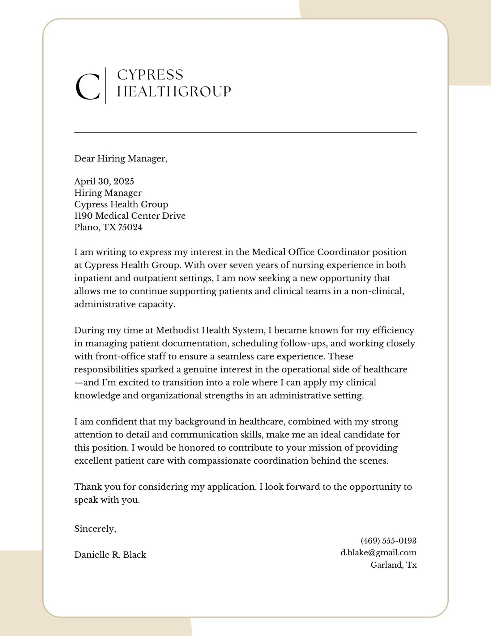 Companion Letter Example Medical Office Cover Letter Template for Admin Roles Editable Resume ...