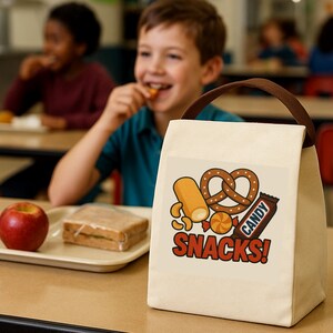 Snack-Attack Canvas Lunch Bag | Reusable Cotton Tote w/ Strap & Roll-Top | Cute Pretzel | Treat Design | Eco Lunch Sack for School and Work
