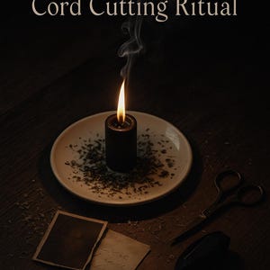 Op de afbeelding: Een brandende zwarte kaars op een wit bord met gedroogde kruiden. Het bord staat op een houten oppervlak, met een schaar, een kleine foto en een stuk papier. De tekst "Twin Flame/ Karmic Cord Cutting Ritual" staat bovenaan.