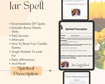 Puede incluir: Descarga digital para un "Glow Up Jar Spell" con hojas de bonificación. Incluye preguntas frecuentes, cuidados posteriores, lectura de llamas de velas, guía de números de ángeles y afirmaciones diarias. El texto "Spiritual Prescription" también es visible.