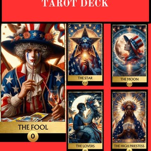 Pacchetto di tarocchi del 4 luglio / PDF stampabile + file PNG + 2 disegni per il retro / Carte spirituali rosse, bianche e blu