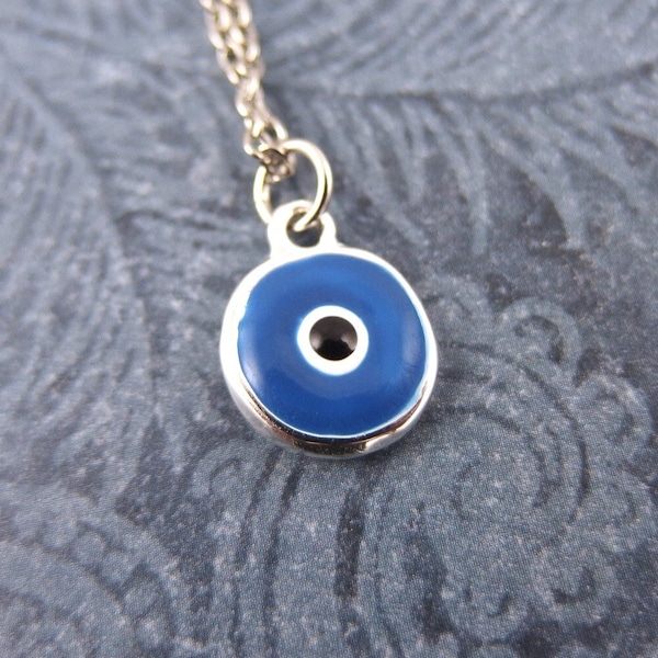 Blue Evil Eye Necklace - Blue Enameled Silver Plated Evil Eye Charm on a Delicate Silver Plated Cable Chain or Charm Only