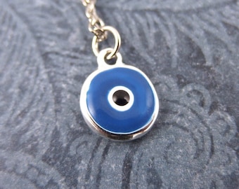 Blue Evil Eye Necklace - Blue Enameled Silver Plated Evil Eye Charm on a Delicate Silver Plated Cable Chain or Charm Only