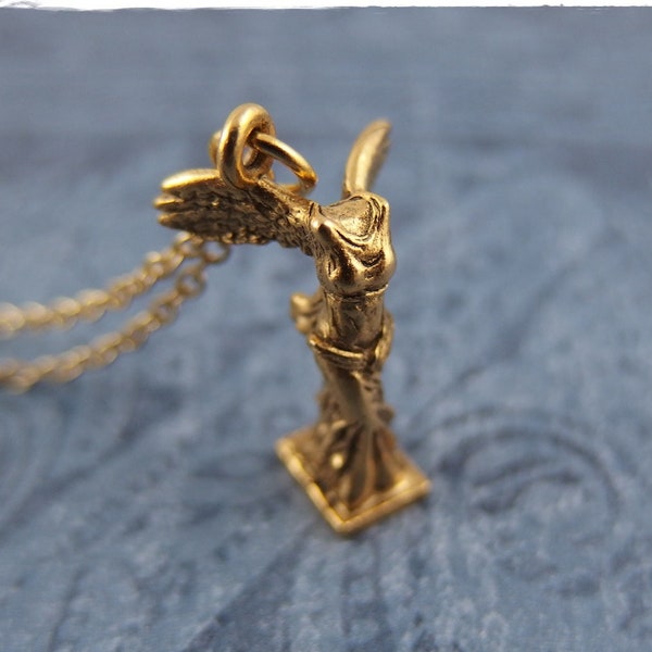 Gold Winged Victory Statue Necklace - Gold Pewter Winged Victory Charm on a Delicate Gold Plated Stainless Steel Cable Chain or Charm Only