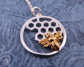 Gold Bee on Silver Honeycomb Necklace - Bronze Bee on Sterling Silver Honeycomb Charm on a Sterling Silver Cable Chain or Charm Only