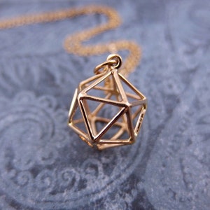 Gold Icosahedron Necklace - Bronze Icosahedron Charm on a Delicate 14kt Gold Filled Cable Chain or Charm Only