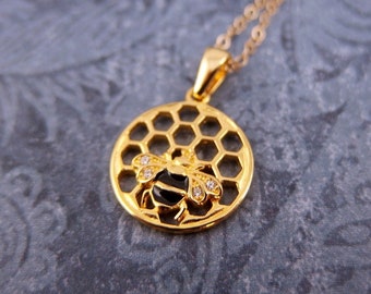 Gold Honeycomb with Black Bee Necklace - 14kt Gold Plate Honeybee and Honeycomb Charm on a 14kt Gold Filled Cable Chain or Charms Only