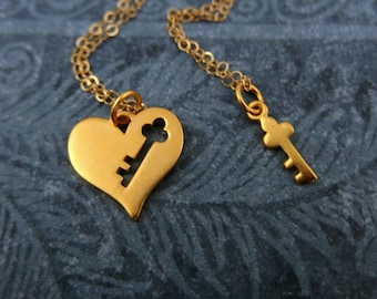 Matte Gold Heart and Key Necklace Set - 24kt Gold Plate Heart and Key Charms on TWO Delicate 14kt Gold Filled Cable Chains or Charms Only