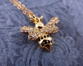 Clear and Black Crystal Honeybee Necklace - Brass Black CZ Honeybee Charm on a Delicate 14kt Gold Filled Cable Chain or Charm Only