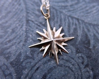 Silver 16 Point North Star Necklace - Sterling Silver North Star Charm on a Delicate Sterling Silver Cable Chain or Charm Only