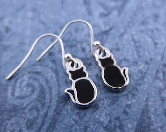 Tiny Black Cat Earrings - Black Enameled Silver Plate Cat Dangle Earrings