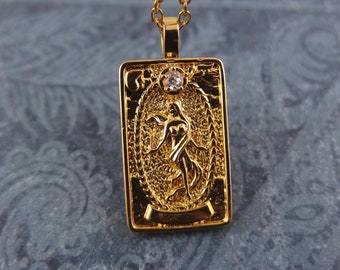 Gold The World Tarot Card Necklace - 18kt Gold Plated Brass The World Card Charm on a Gold Plated Stainless Steel Cable Chain or Charm Only