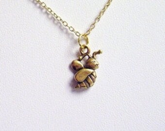 Gold Bee Necklace - Antique Gold Pewter Bee Charm on a Delicate Gold Plated Cable Chain or Charm Only