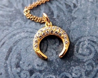 Gold Crystal Crescent Moon Necklace - Gold Plate Crystal Crescent Moon Charm on a Delicate 14kt Gold Filled Cable Chain or Charm Only