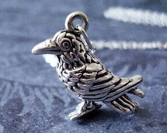 Large Raven Necklace - Sterling Silver Raven Charm on a Delicate Sterling Silver Cable Chain or Charm Only