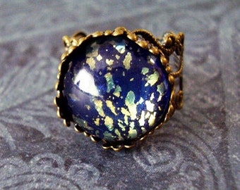 Round Blue Earth Opal Glass Ring - Blue Earth Opal Glass Cabochon on an Ornate Antique Brass Filigree Band