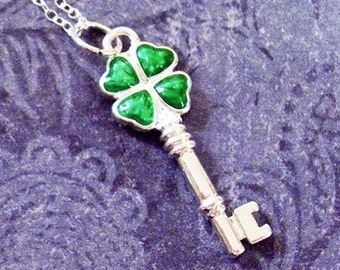 Green Clover Key Necklace - Green Enameled Silver Plated Clover Key Charm on a Delicate Sterling Silver Cable Chain or Charm Only