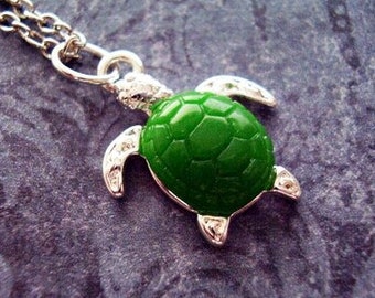 Green Shell Turtle Necklace - Green Resin Turtle Charm on a Delicate Silver Plated Cable Chain or Charm Only