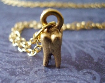 Tiny Gold Tooth Necklace - Antique Gold Pewter Tooth Charm on a Delicate Gold Plated Cable Chain or Charm Only