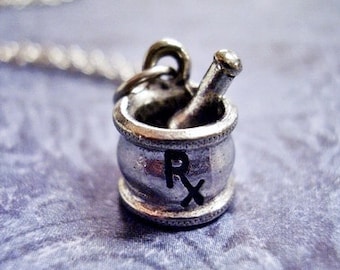 Silver Mortar and Pestle Necklace - Antique Pewter Rx Mortar and Pestle Charm on a Delicate Stainless Steel Cable Chain or Charm Only
