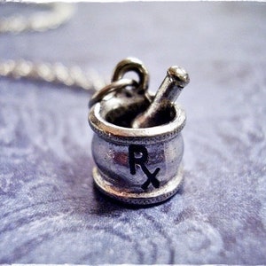 Silver Mortar and Pestle Necklace - Antique Pewter Rx Mortar and Pestle Charm on a Delicate Stainless Steel Cable Chain or Charm Only