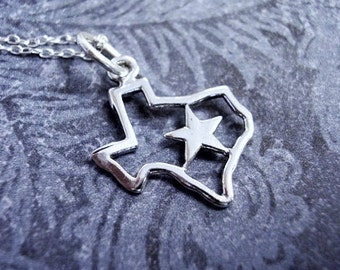 Silver Star of Texas Necklace - Sterling Silver Texas State Outline Charm on a Delicate Sterling Silver Cable Chain or Charm Only