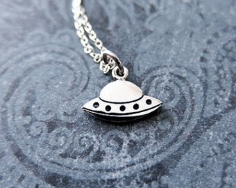 Silver Flying Saucer Necklace - Sterling Silver Flying Saucer Charm on a Delicate Sterling Silver Cable Chain or Charm Only