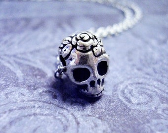 Silver Rose Skull Necklace - Antique Silver Pewter Rose Skull Bead on a Delicate Silver Plated Cable Chain or Bead Only