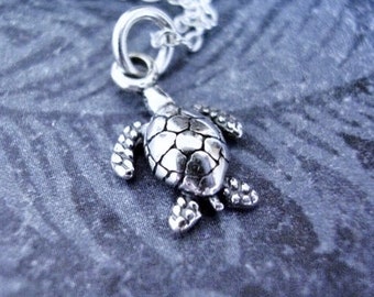 Tiny Silver Sea Turtle Necklace - Sterling Silver Sea Turtle Charm on a Delicate Sterling Silver Cable Chain or Charm Only